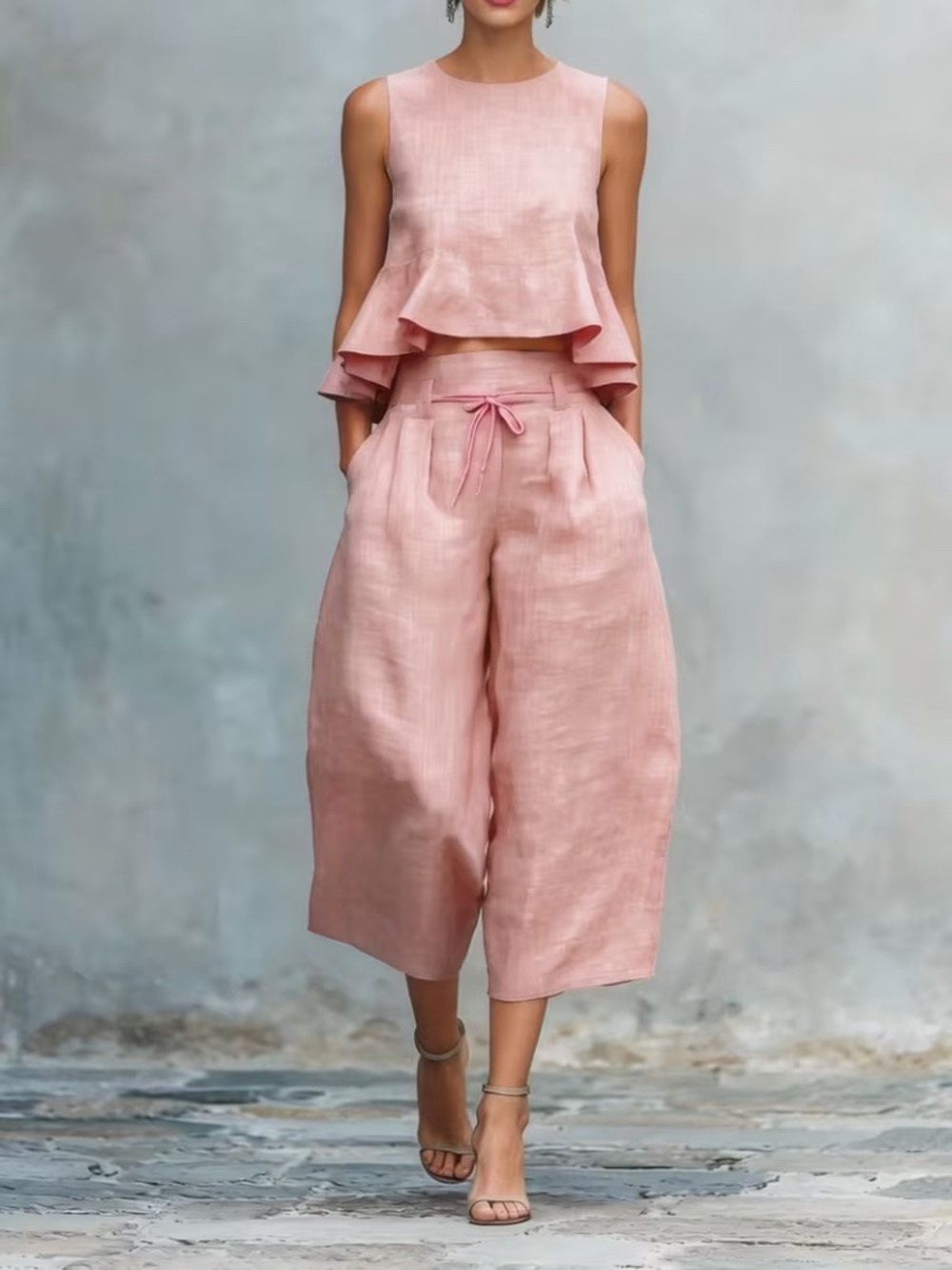 2-pc Set Sleeveless Top Wide-Leg Pants Boho
